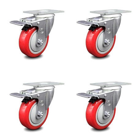Service Caster 4 Inch Red Polyurethane Swivel Top Plate Caster Set with Total Lock Brake SCC SCC-TTL20S414-PPUB-RED-4